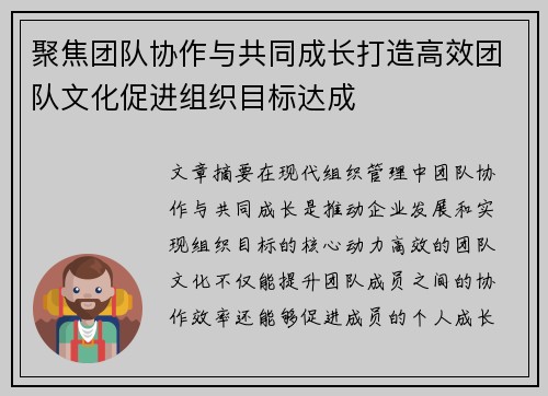 聚焦团队协作与共同成长打造高效团队文化促进组织目标达成